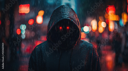 Cybercriminal executing advanced persistent threat attack under dim city lights amidst rain