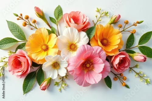 Wallpaper Mural A vibrant arrangement of delicate blossoms, showcasing pastel roses, cheerful yellow flowers, and pristine white blooms, accented by lush green foliage and small orange berries Torontodigital.ca