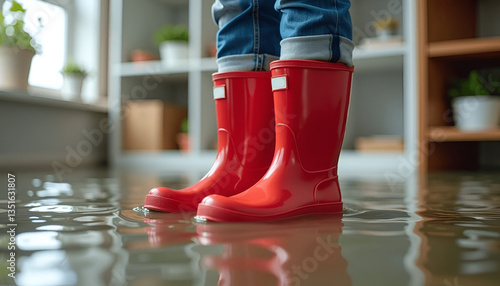 赤い長靴と青いジーンズで室内の浸水に立ち向かう人物、床に溜まった水に映る反射が印象的な室内洪水のリアルな光景、防災・水害イメージに最適