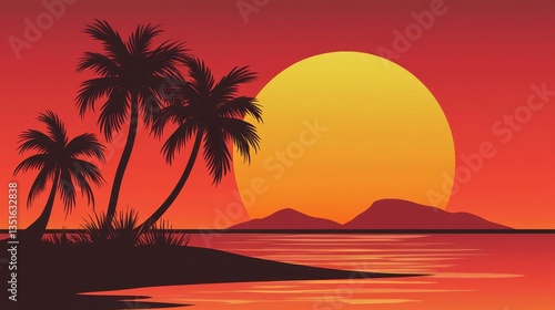 Tropical Sunset Beach with Palm Trees Silhouette.