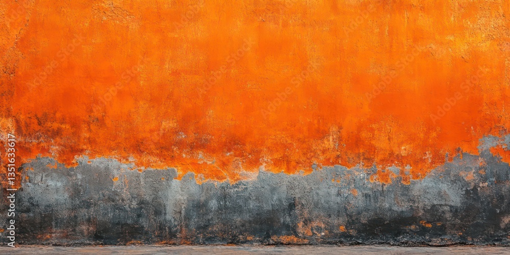 Naklejka premium A large, aged orange wall with a rough texture, painted in shades of charcoal gray and rust