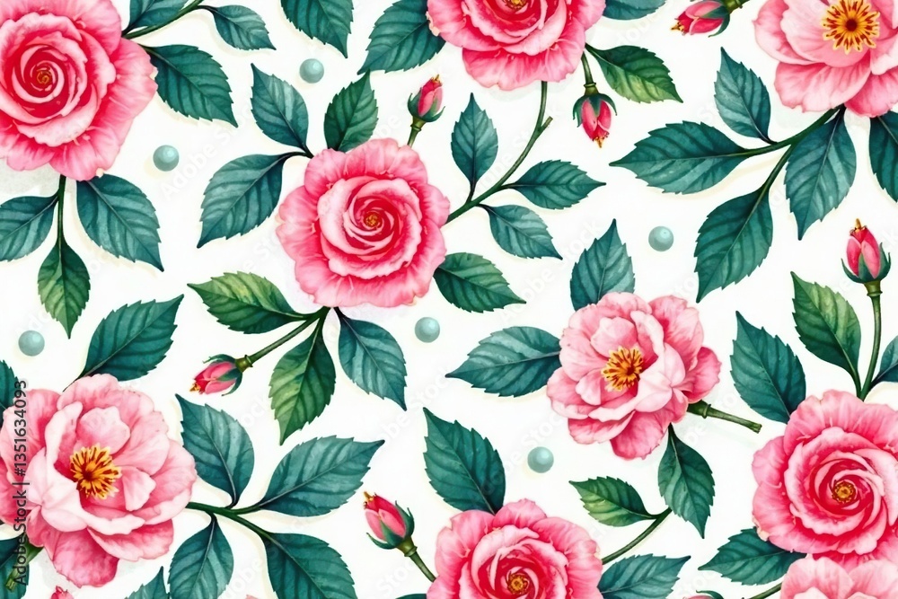 Delicate watercolor roses, leaves & buds, repeating pattern, buds, flower pattern Delicate watercolor roses, leaves & buds, repeating pattern, buds, flower pattern