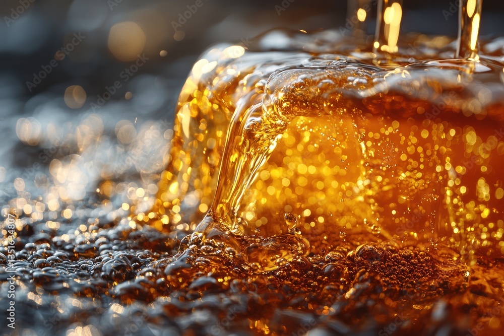 Close-up of amber liquid pouring, creating cascading bubbles and splashes. Close-up of amber liquid pouring, creating cascading bubbles and splashes.