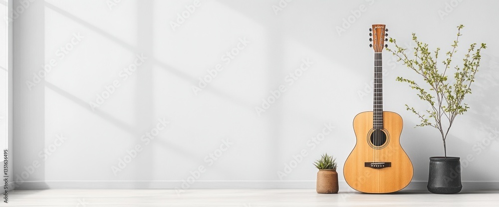 Naklejka premium Acoustic guitar rests against a white wall, flanked by potted plants. Sunlight streams through a nearby window
