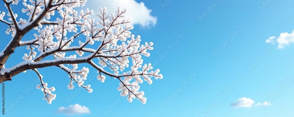 Snowy tree branch stretching towards a blue sky, peaceful, branches, nature Snowy tree branch stretching towards a blue sky, peaceful, branches, nature