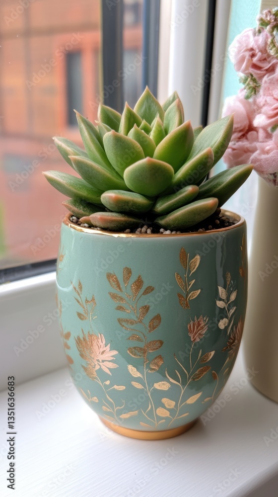 Teal succulent pot with gold leaf design, sits on windowsill Teal succulent pot with gold leaf design, sits on windowsill