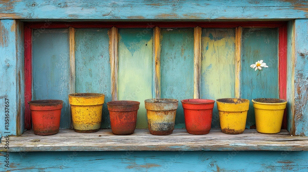 Colorful flowerpots in rustic wooden frame Colorful flowerpots in rustic wooden frame