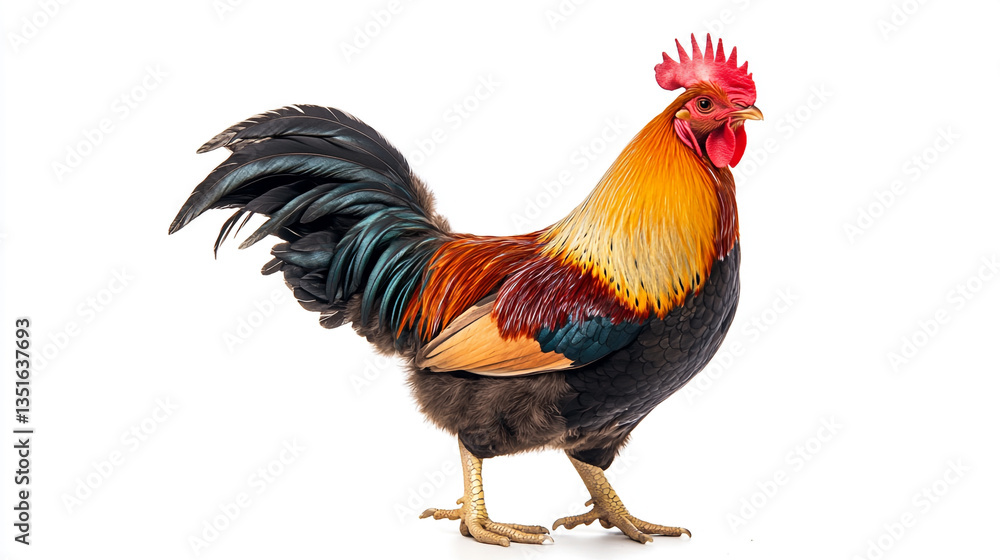 A vibrant rooster with colorful plumage standing on a white background in a studio setting view side A vibrant rooster with colorful plumage standing on a white background in a studio setting view side