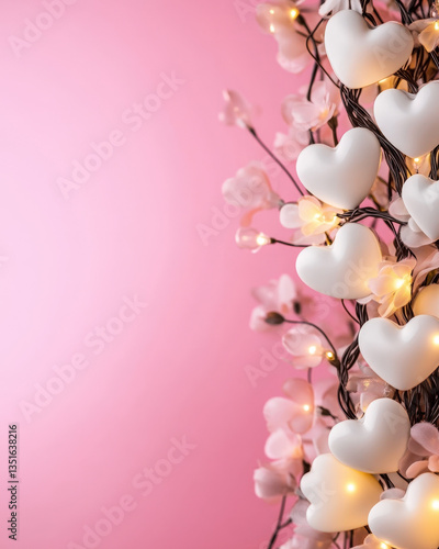 Wallpaper Mural Romantic glowing heart decorations with pink flowers on a soft pastel pink background for love themes Torontodigital.ca