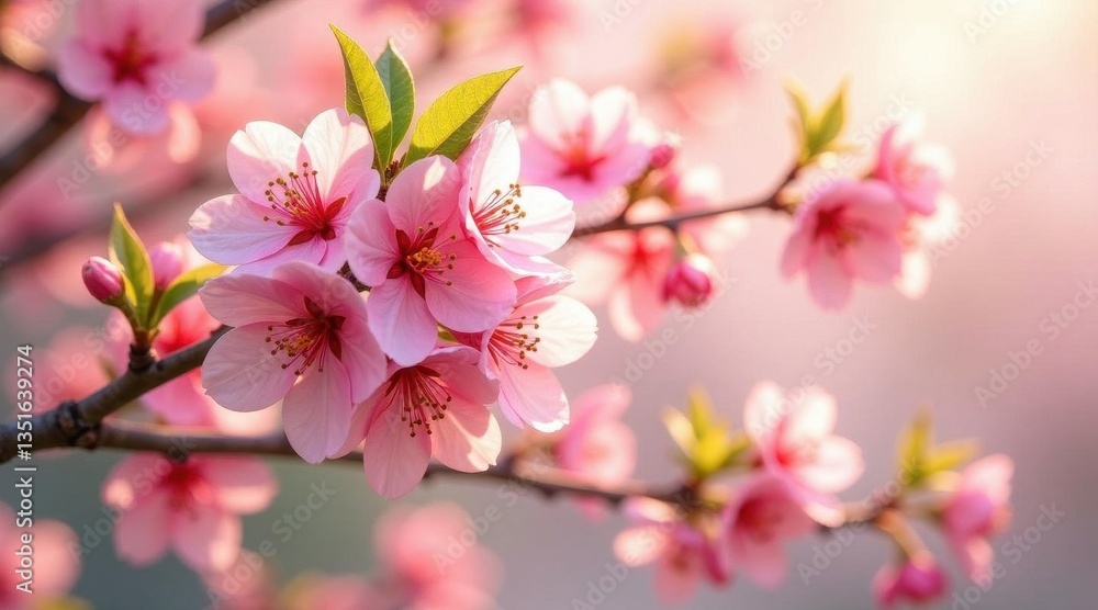 Delicate Pink Blossoms on a Branch in Soft Sunlight, a Symbol of Spring's Gentle Arrival Delicate Pink Blossoms on a Branch in Soft Sunlight, a Symbol of Spring's Gentle Arrival