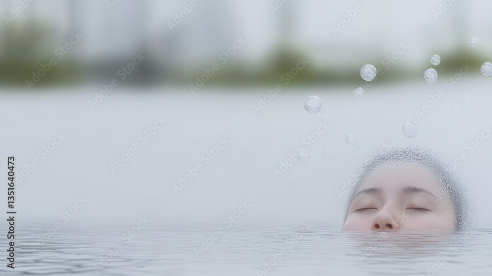 Fototapeta premium Serene woman submerged in water with bubbles, peaceful urban background