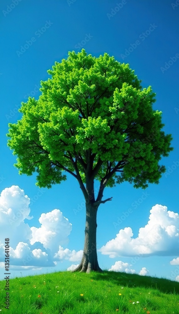 Fototapeta premium Tree against a clear blue sky with fluffy white clouds, tree, calm, sky