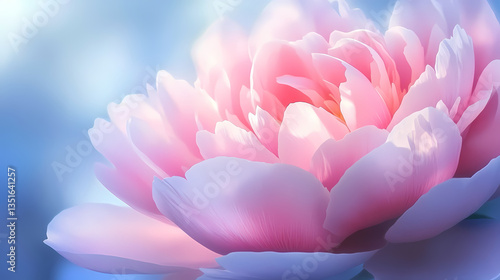 Close-up of a pink peony flower with soft light and a tranquil background