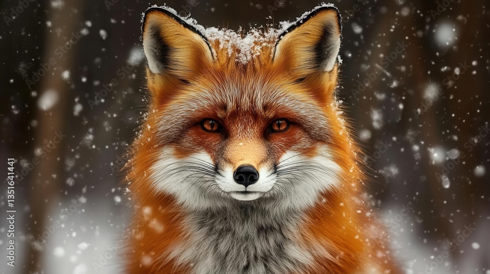 Obraz premium Close Up Portrait of a Majestic Fox with Snow Dust on Fur Against a Winter Forest Background