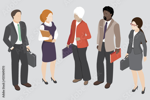 3d isometric illustration. Corporate team of businesswoman and businessman with various ages and races in office clothes. Simple design.