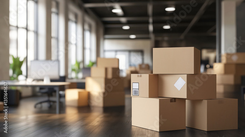Obraz na płótnie Modern office space with office furniture and cardboard boxes. Moving and delivery services. w salonie