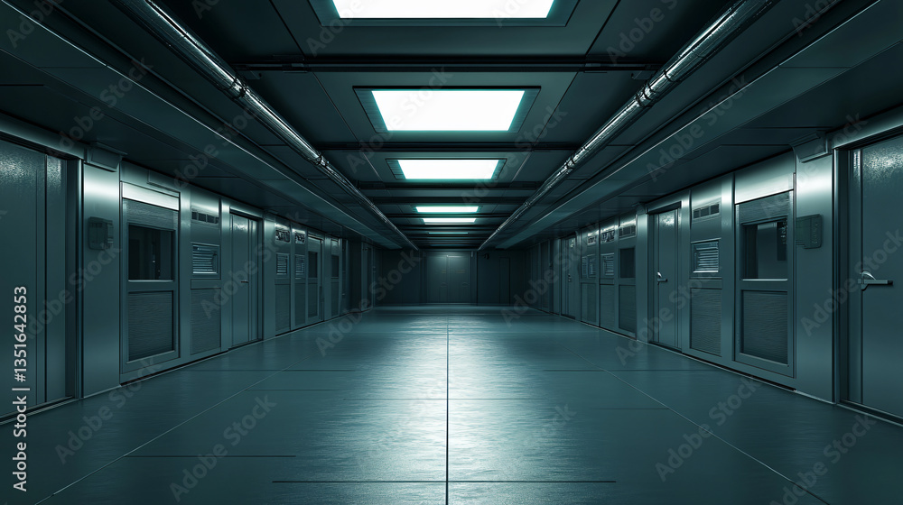 Fototapeta premium Empty room navy wall blue green light glow corridor hall interior perspective architecture modern structure symmetry ceiling reflection geometric smooth space surface shadow pattern futuristic depth