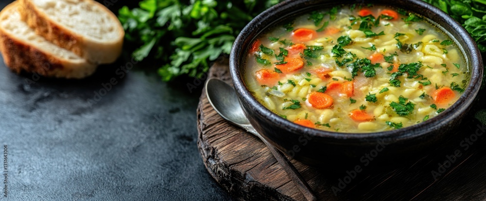 Hearty vegetable soup with pasta in a rustic bowl, served with bread Hearty vegetable soup with pasta in a rustic bowl, served with bread