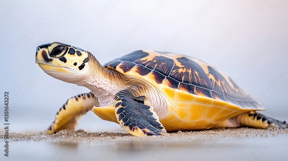 Obraz premium Hawksbill Turtle Hatchling Crawling Beach Dawn Ocean