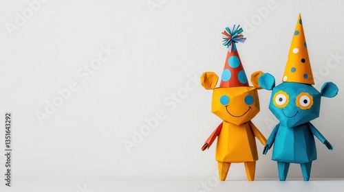 A yellow paper origami party! Celebrate with friends, filled with joy and fun. Everyone is happy with hats.