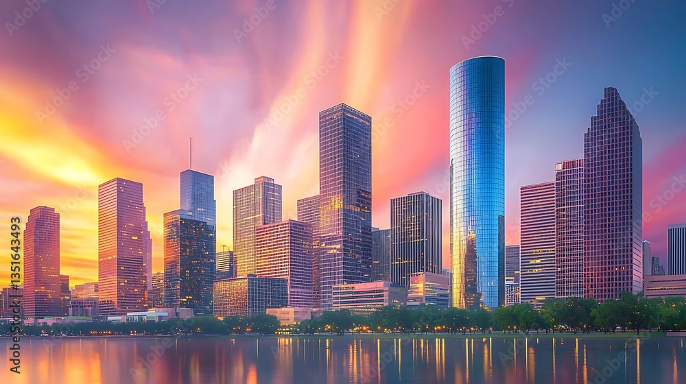 Fototapeta premium Houston Texas Skyline at Dusk Reflecting in Tranquil Waters, USA Cityscape