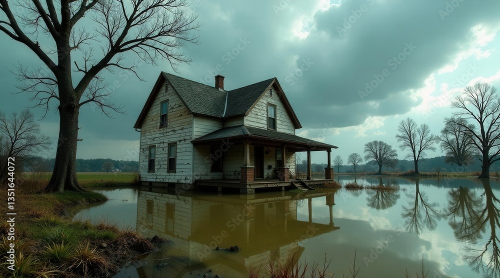 Fototapeta premium A weathered farmhouse, partially submerged in tranquil waters, reflects a dramatic sky