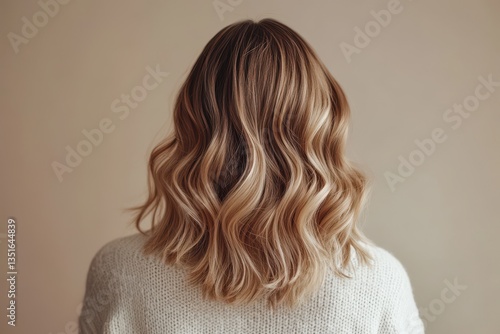 Long wavy ombre blonde balayage hair with back view and minimalist studio lighting in fashion photography.