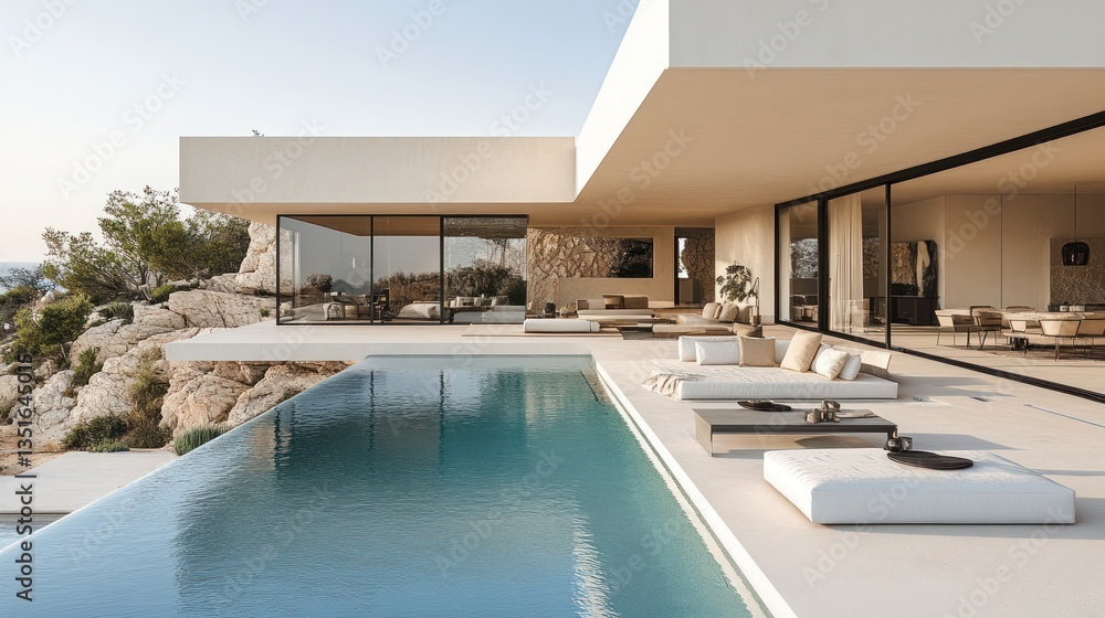 Fototapeta premium Modern minimalist villa with infinity pool overlooking ocean