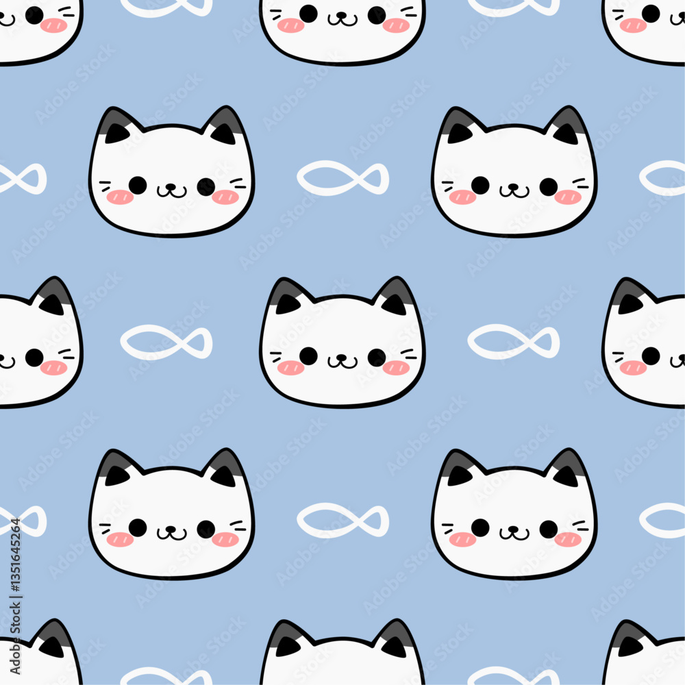 Obraz premium Cute seamless pattern with cartoon cats and fish on blue background