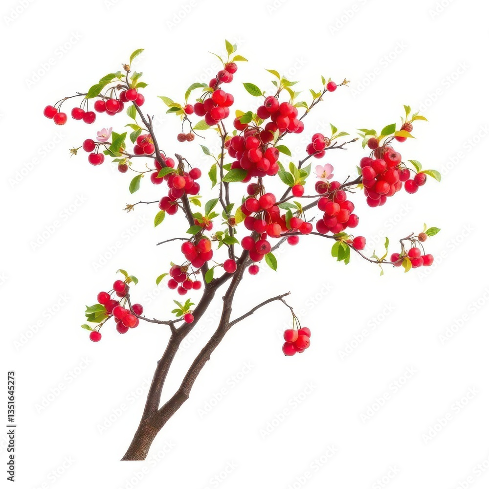 A solitary sour cherry tree, branches laden with fruit, set against a pure white backdrop, organic, plant, closeup A solitary sour cherry tree, branches laden with fruit, set against a pure white backdrop, organic, plant, closeup