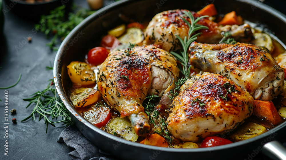 A skillet filled with roasted chicken pieces and vegetables garnished with fresh herbs close up view A skillet filled with roasted chicken pieces and vegetables garnished with fresh herbs close up view