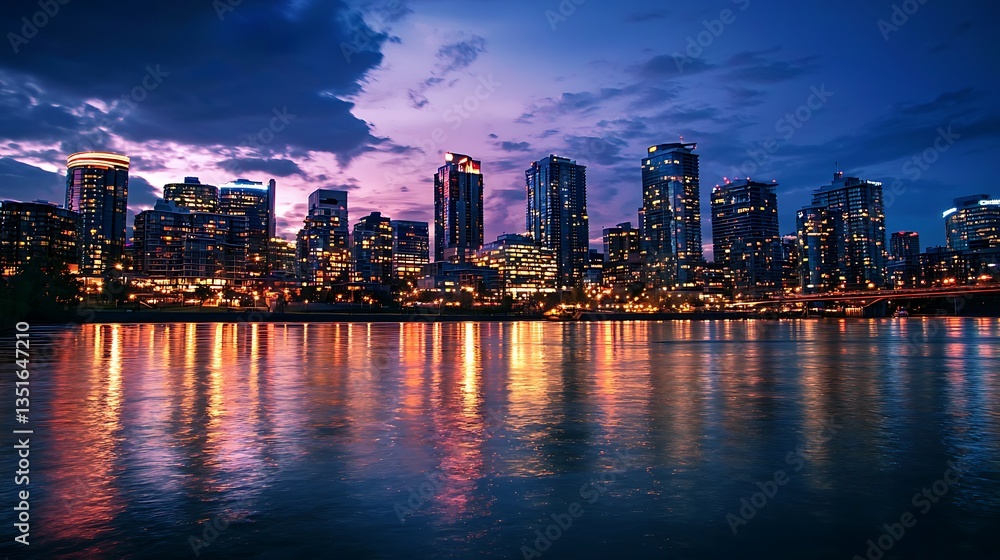 Obraz premium Illuminated urban skyline reflecting in calm waters at twilight