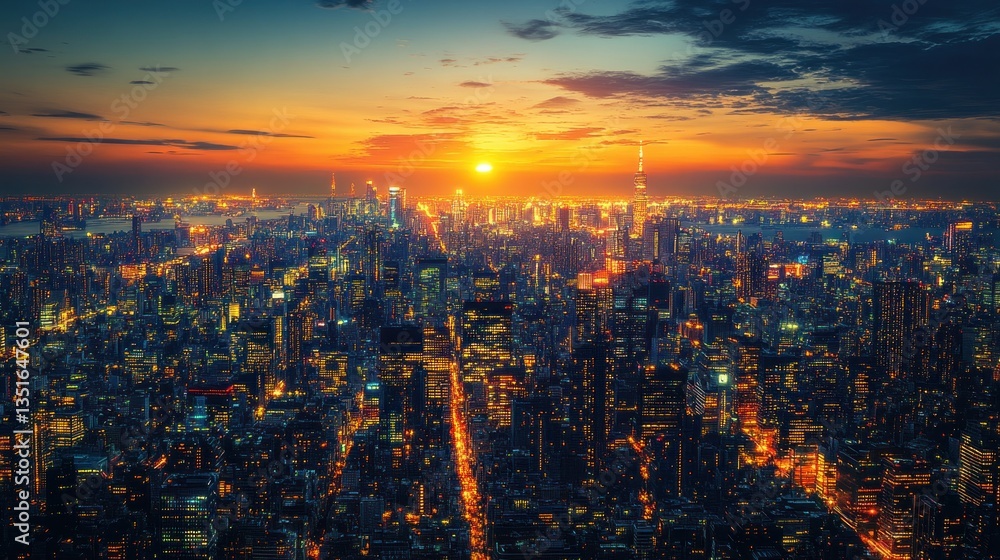 City skyline at sunset, illuminated buildings, vast urban sprawl City skyline at sunset, illuminated buildings, vast urban sprawl