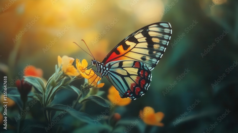 Colorful Butterfly Perched on Vibrant Flower in a Serene Natural Environment at Sunset Colorful Butterfly Perched on Vibrant Flower in a Serene Natural Environment at Sunset