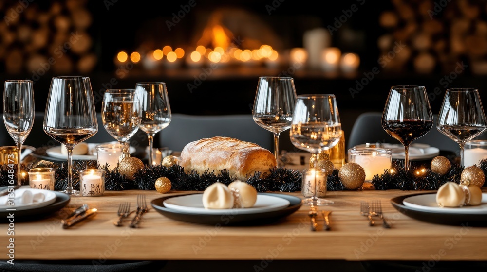 Elegant dinner table setting with candles, gold ornaments, and wine glasses, fireplace backdrop Elegant dinner table setting with candles, gold ornaments, and wine glasses, fireplace backdrop