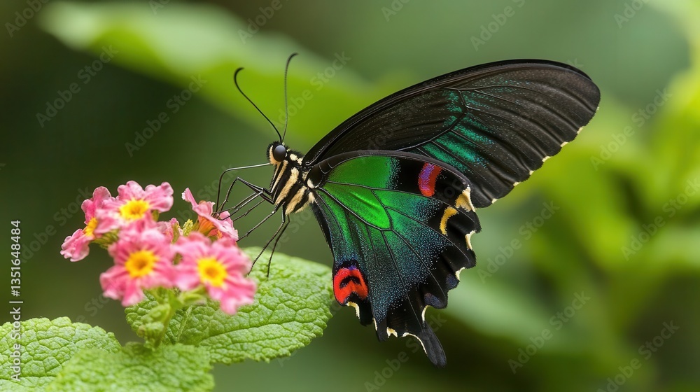 Colorful Butterfly Perched on Pink Flower Surrounded by Lush Green Foliage in a Tranquil Garden Colorful Butterfly Perched on Pink Flower Surrounded by Lush Green Foliage in a Tranquil Garden