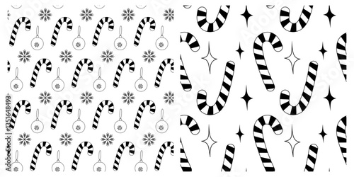 Outline Stylized Candy Cane Christmas tree balls Snowflakes Stars New Year Seamless Patterns Set 2