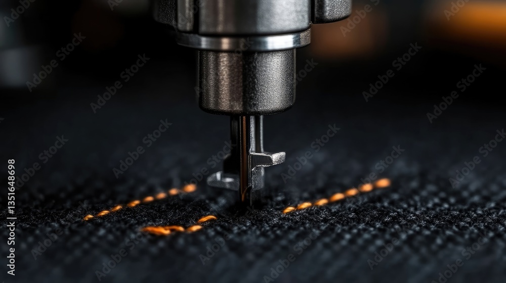 Close-up of a sewing machine needle stitching dark denim Close-up of a sewing machine needle stitching dark denim