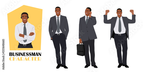 Set of Businessman character in different poses. Handsome man wearing formal suit standing, using phone and headset, holding briefcase, looking at wristwatch. Vector realistic illustration isolated.