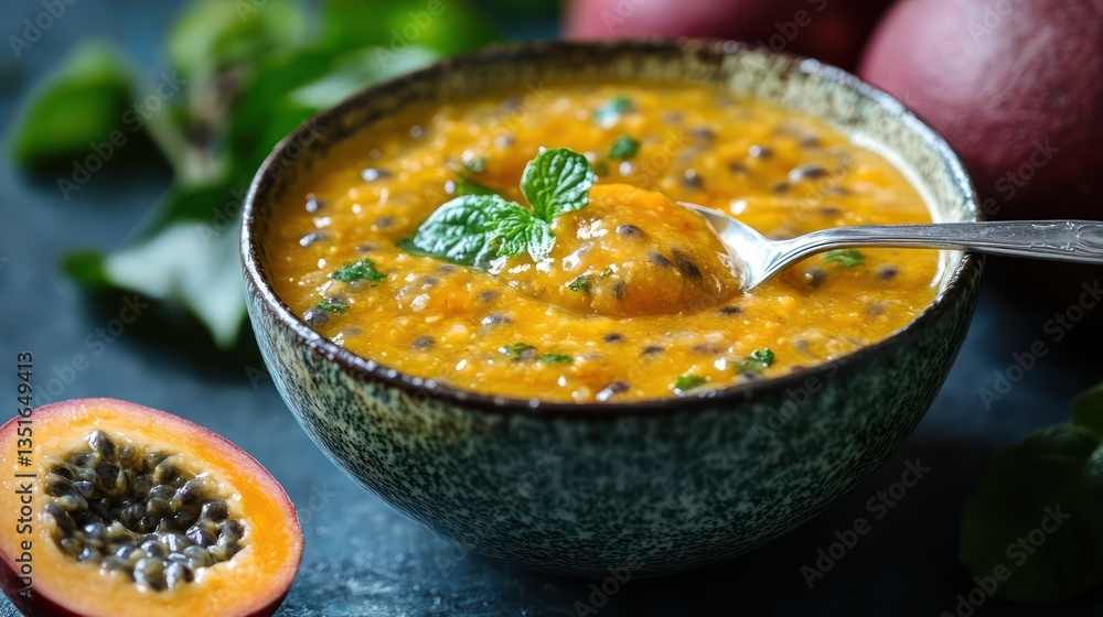 Passion Fruit Smoothies in Bowl on Dark Surface