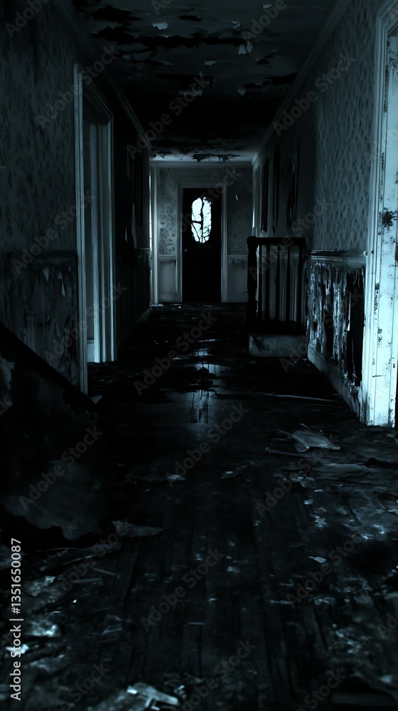 Creepy dark hallway with a door at the very end Creepy dark hallway with a door at the very end