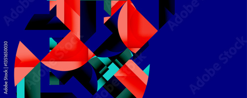 Abstract geometric artwork with interwoven angular and curved shapes, dynamic composition with smooth gradients and bold contrasts