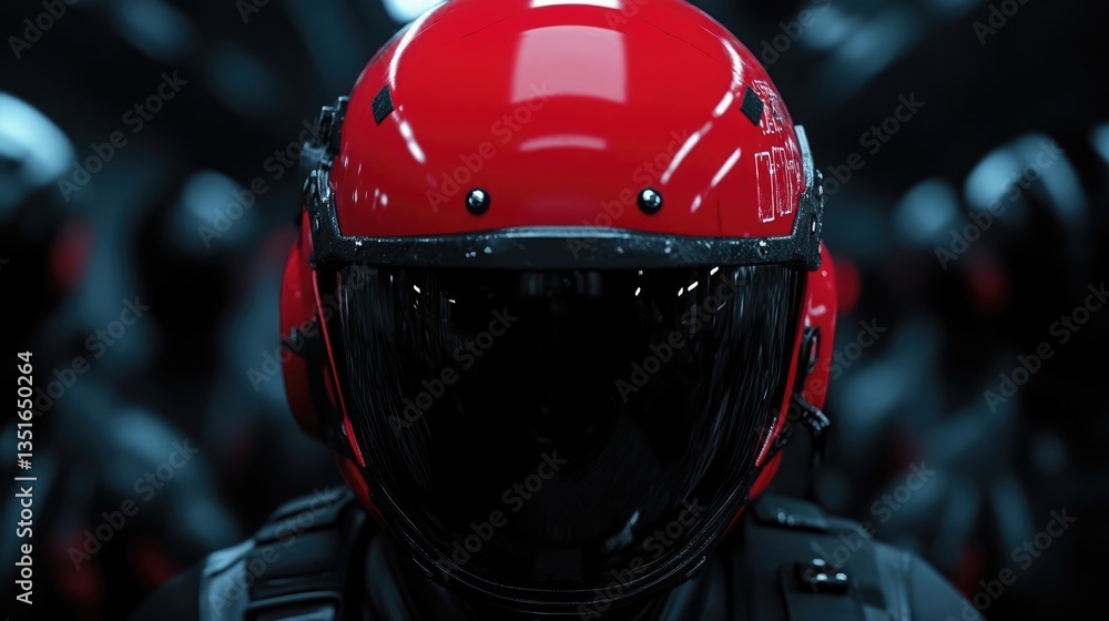 Fototapeta premium Close-up of a futuristic soldier's helmet. Dark, military-style uniform. Red helmet with dark visor. Focus on helmet, not background