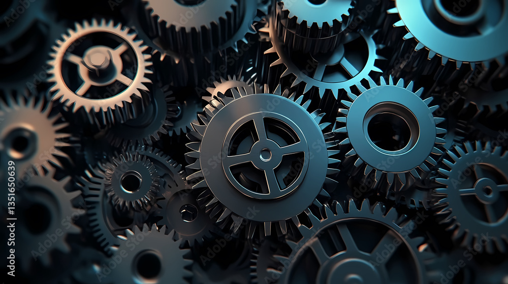 Gears and machinery in blue and silver with a dark background Gears and machinery in blue and silver with a dark background