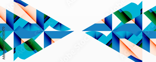 Abstract geometric composition with interlocking circular and angular shapes, featuring smooth gradients and sharp contrasts on a white background