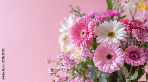 Get Well Soon card in flower bouquet on pink background