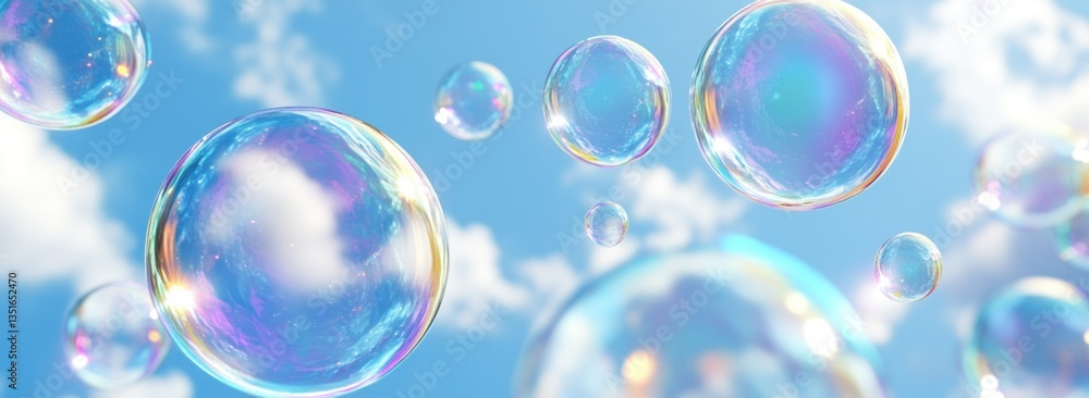 Generate an image of floating soap bubbles against the blue sky background Generate an image of floating soap bubbles against the blue sky background