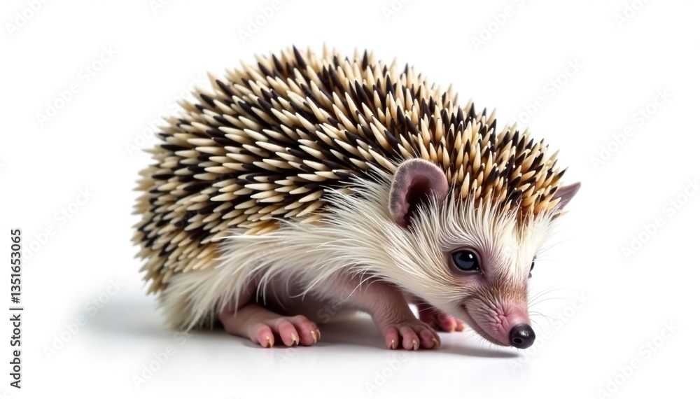 Tiny hedgehog curled in a ball, isolated on pure white background, design, cute, small