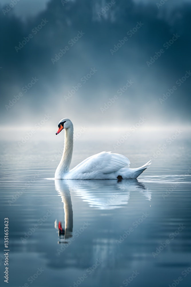 Fototapeta premium Graceful Swan on a Misty Lake. Serenity in Reflection