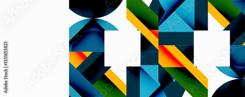 Abstract geometric artwork with interwoven angular and curved shapes, dynamic composition with smooth gradients and bold contrasts